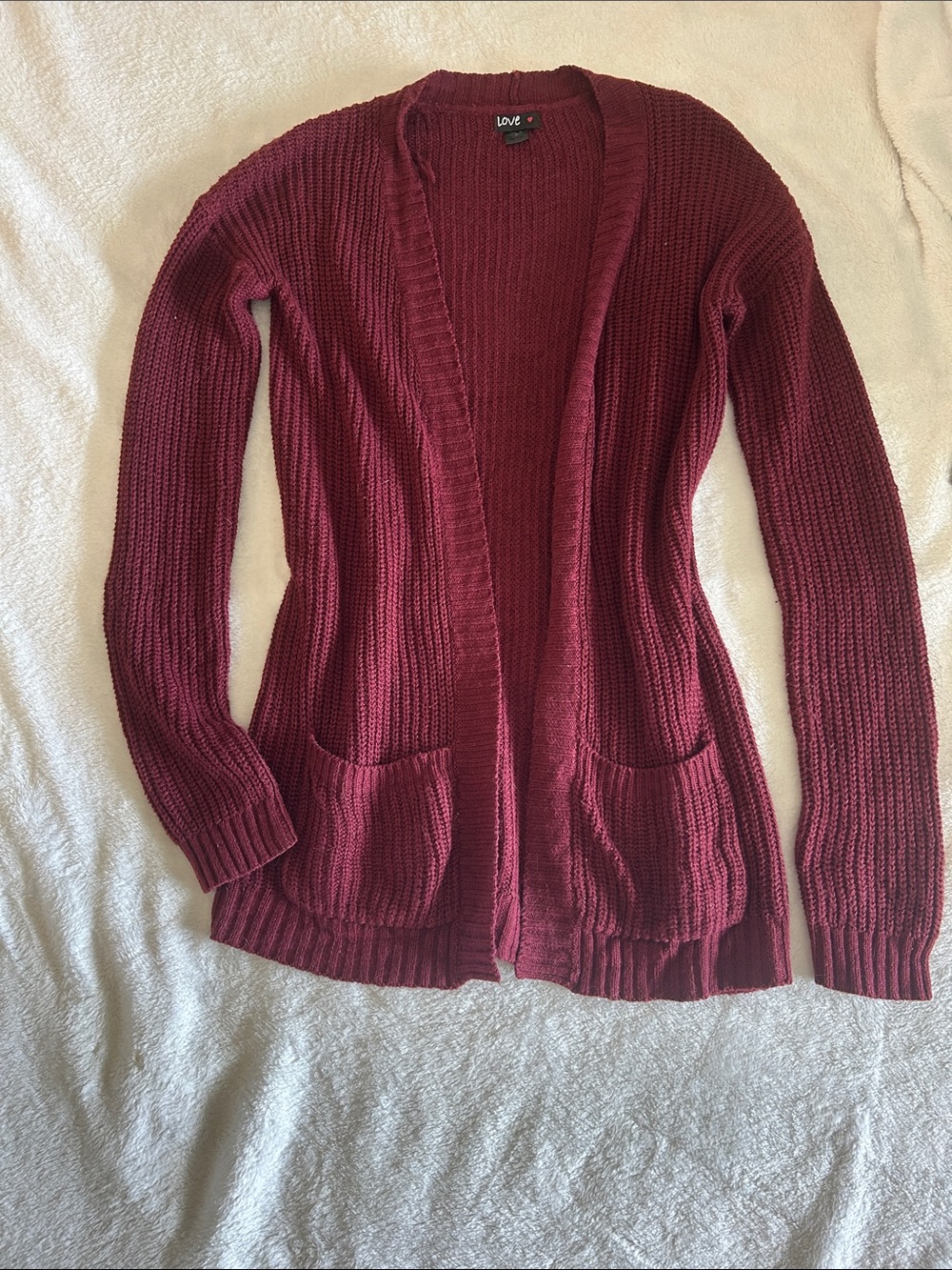 Love Burgundy Open-Front Knit Cardigan with Pockets